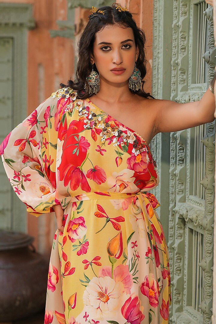 Yellow Viscose Crepe Embellished Gown by Scakhi Luxe at Pernia's Pop Up Shop