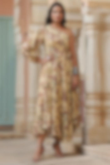 Beige Viscose Crepe Embellished Gown by Scakhi