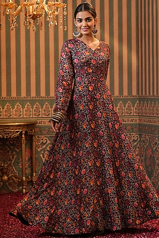 Black Muslin Silk Printed Gown by Scakhi Luxe