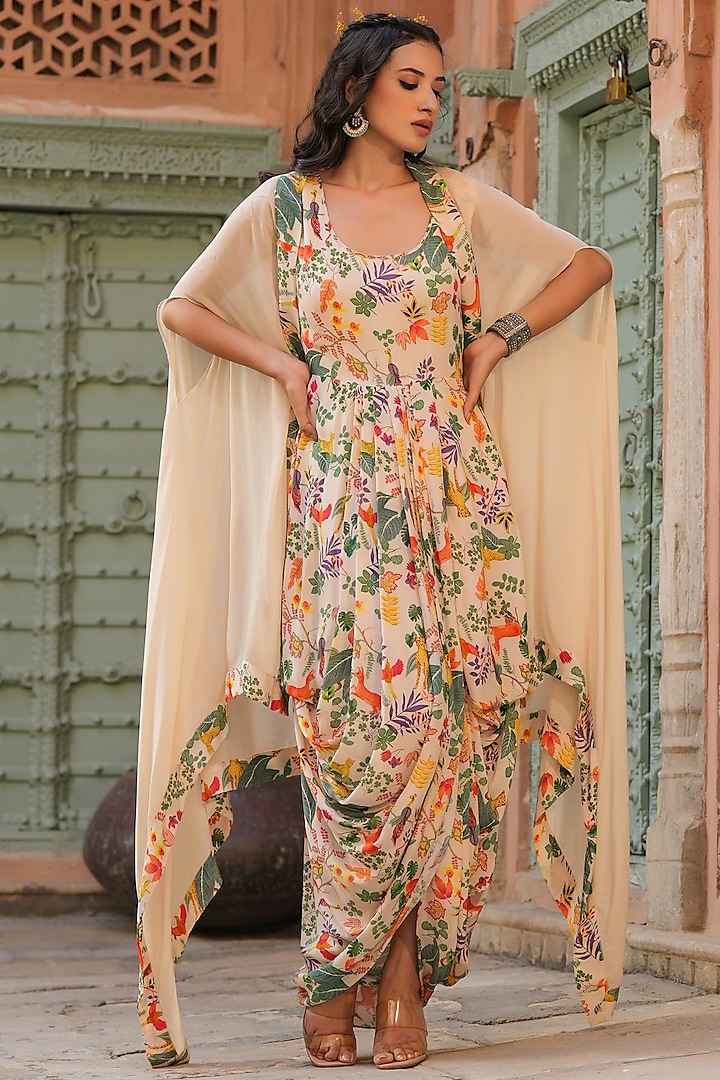 Cream Printed Gown With Cape by Scakhi