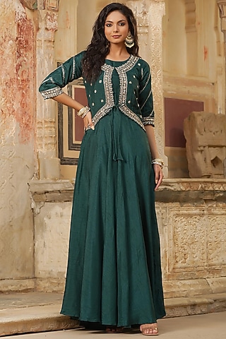 Green Dola Silk Jacket Dress by Scakhi Luxe