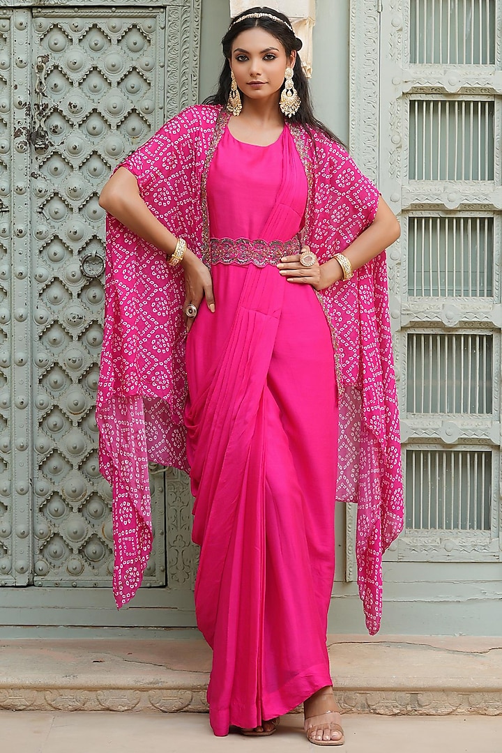 Pink Chinnon Silk Gown Saree Set by Scakhi