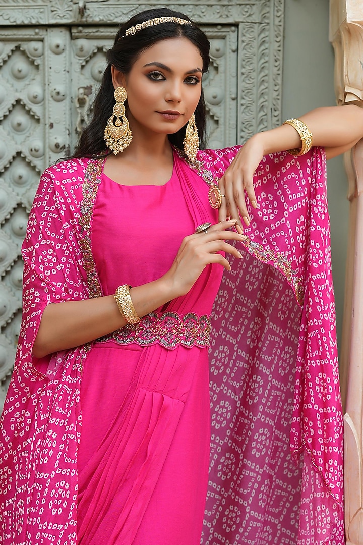 Pink Chinnon Silk Festive Gown Saree Set by Scakhi Luxe at Pernia's Pop Up Shop