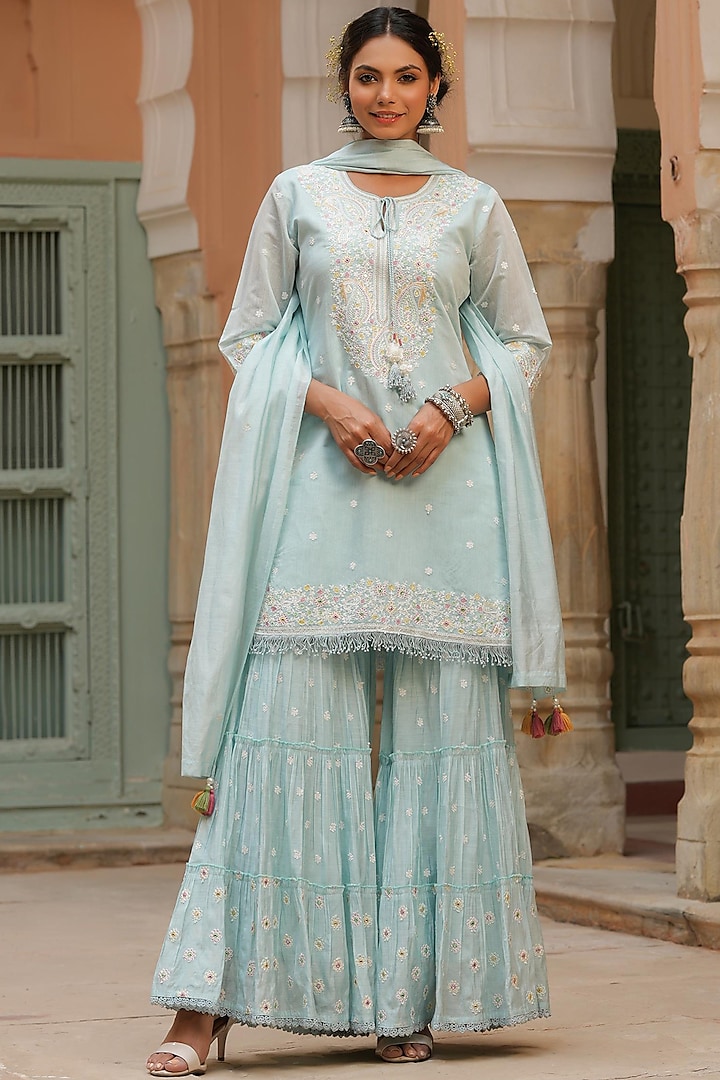 Blue Embroidered Sharara Set by Scakhi