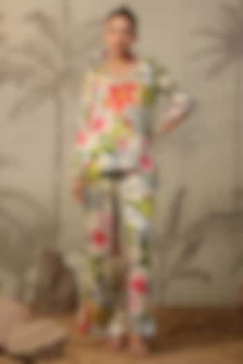 Multi-Colored Satin Floral Printed & Sequins Embellished Co-Ord Set by Scakhi