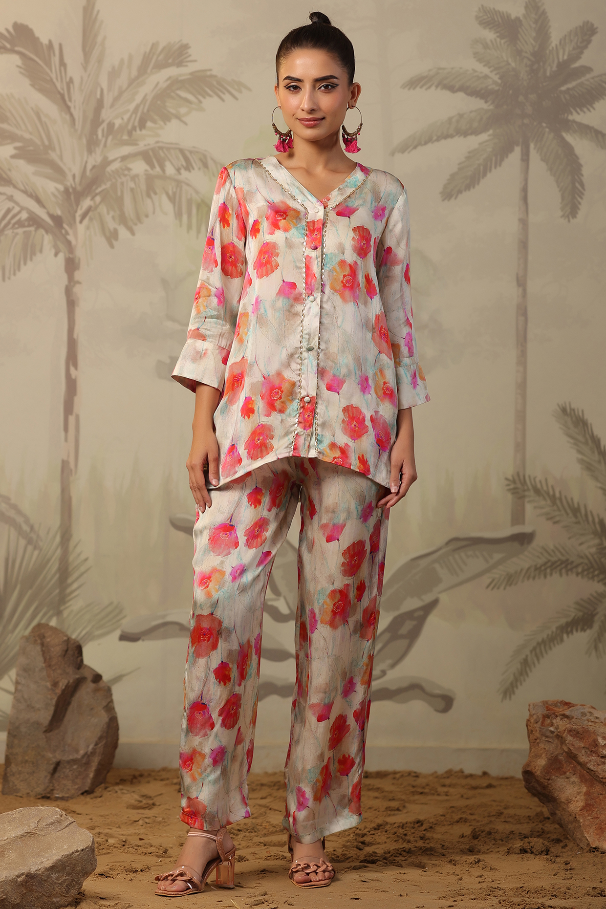 Multi-Colored Satin Floral Printed Co-Ord Set by Scakhi Luxe at Pernia's Pop Up Shop