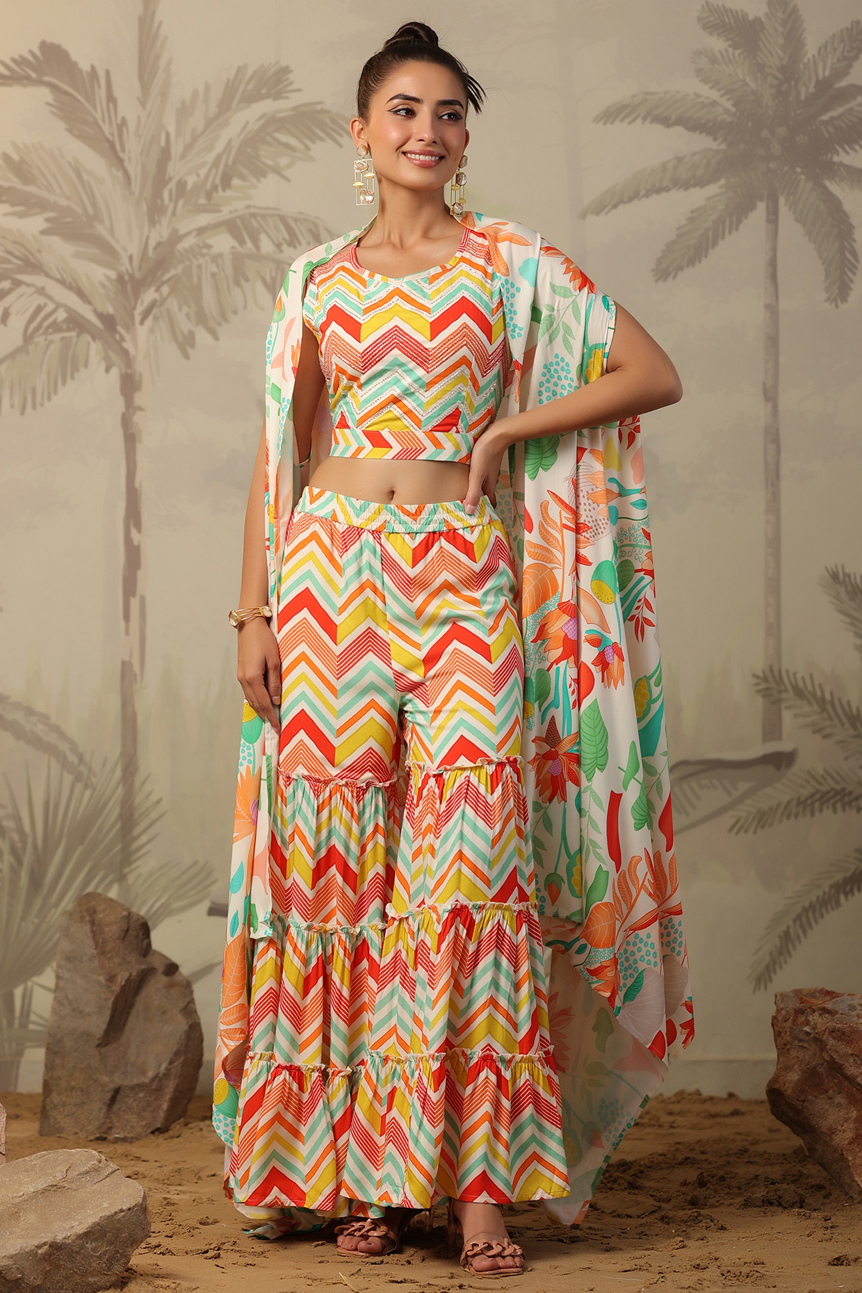 Multi-Colored Muslin Silk Chevron Printed Asymmetric Cape Set by Scakhi Luxe at Pernia's Pop Up Shop