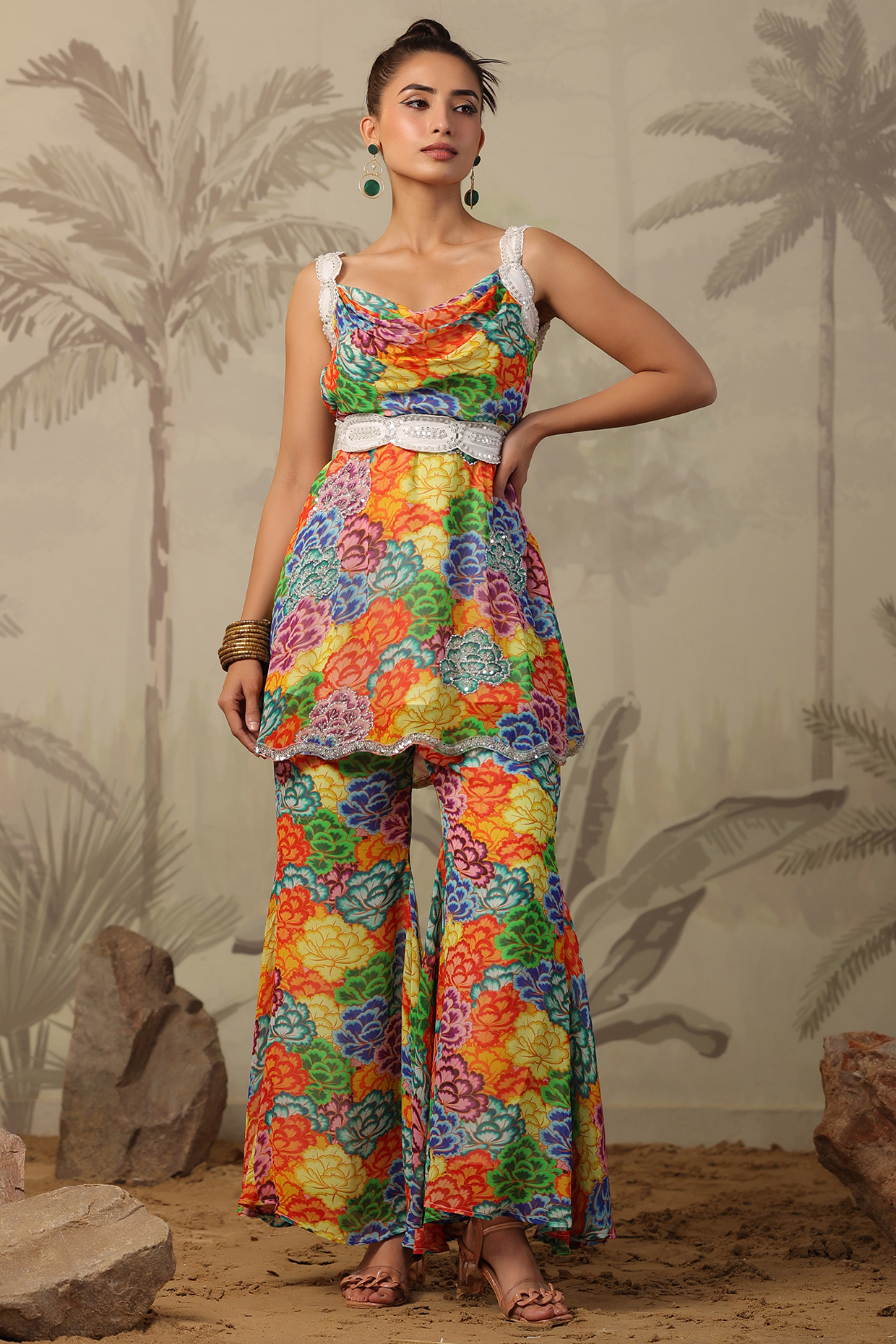 Multi-Colored Georgette Floral Printed & Mirror Embellished Kurta Set by Scakhi Luxe at Pernia's Pop Up Shop