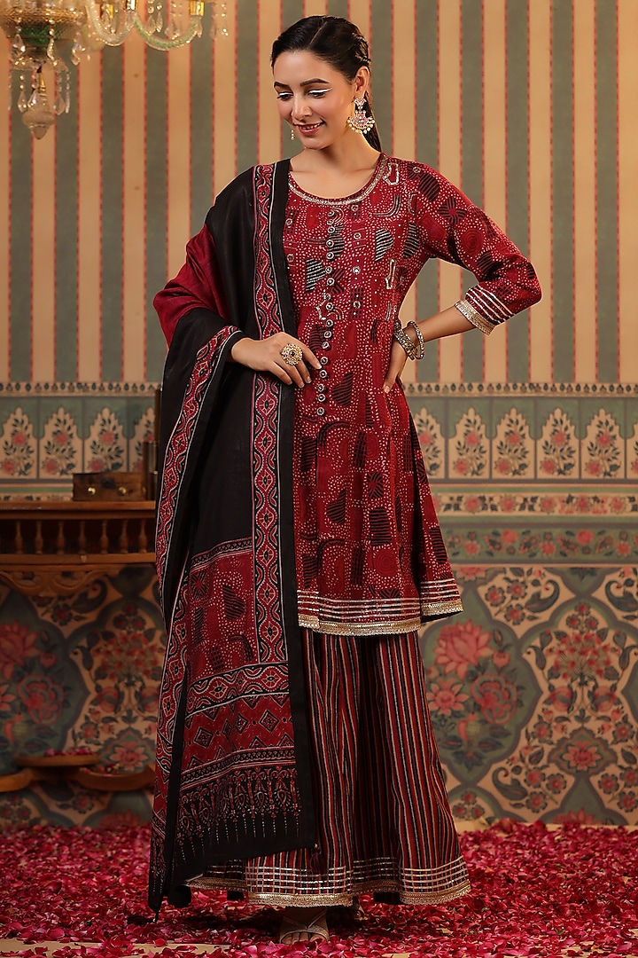 Magenta Modal Chanderi Stripe Printed Sharara Set by Scakhi Luxe at Pernia's Pop Up Shop