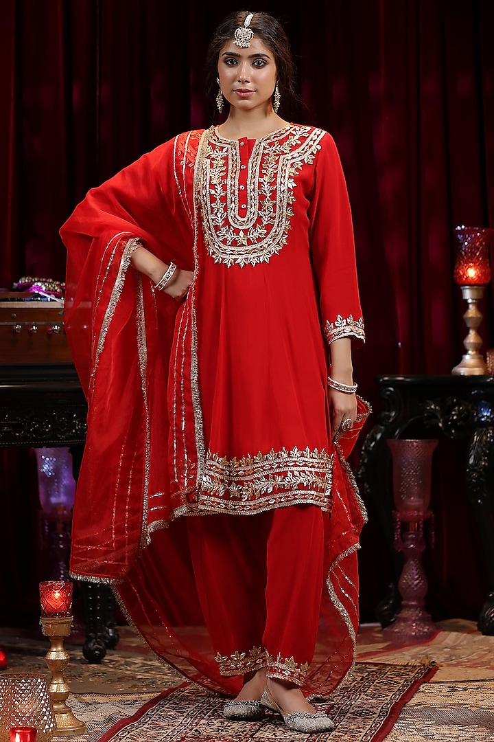 Red Georgette Gota Embroidered Kalidar Anarkali Set by Scakhi at Pernia's Pop Up Shop