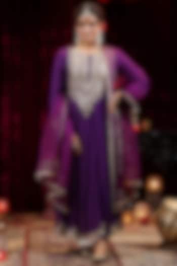 Purple Georgette Gota Embroidered Kalidar Anarkali Set by Scakhi Luxe at Pernia's Pop Up Shop
