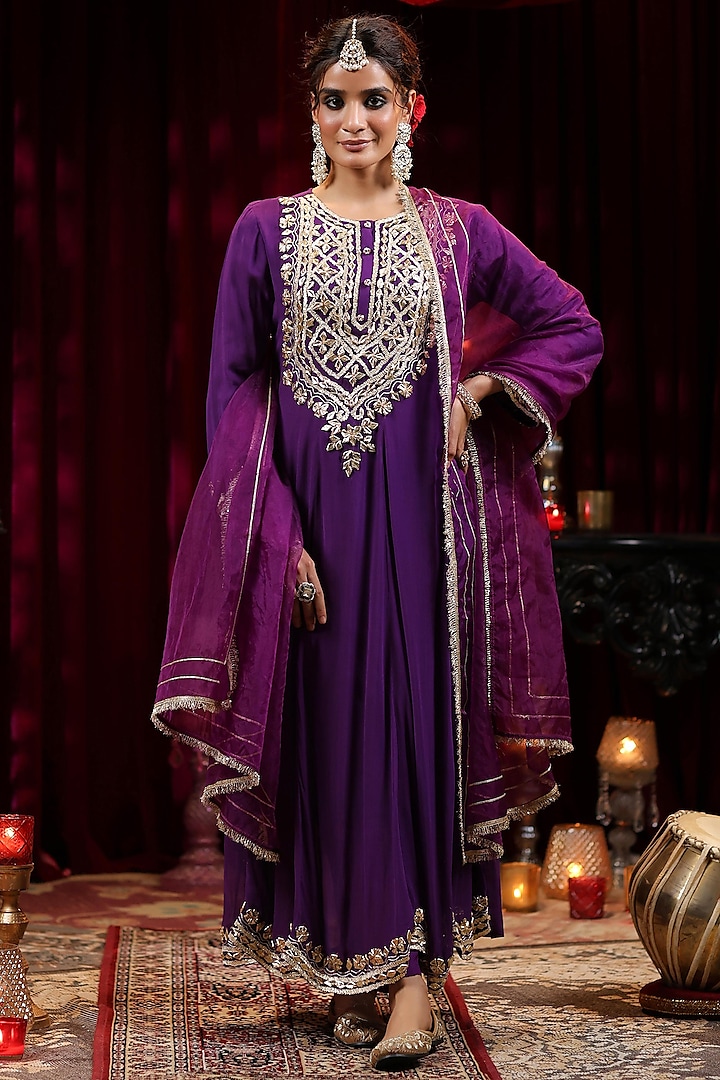 Purple Georgette Gota Embroidered Kalidar Anarkali Set by Scakhi Luxe at Pernia's Pop Up Shop