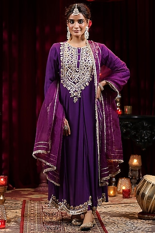Purple Georgette Gota Embroidered Kalidar Anarkali Set by Scakhi Luxe
