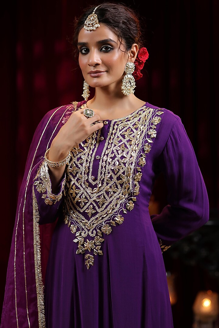 Purple Georgette Gota Embroidered Kalidar Anarkali Set by Scakhi Luxe at Pernia's Pop Up Shop