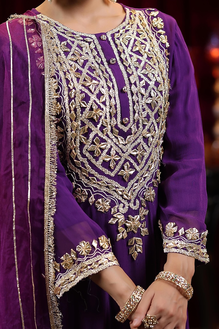 Purple Georgette Gota Embroidered Kalidar Anarkali Set by Scakhi Luxe at Pernia's Pop Up Shop