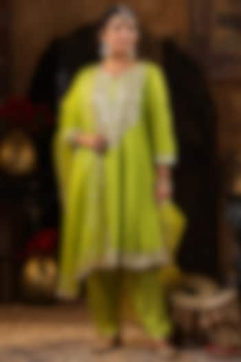 Lime Green Georgette Gota Embroidered Kalidar Anarkali Set by Scakhi at Pernia's Pop Up Shop