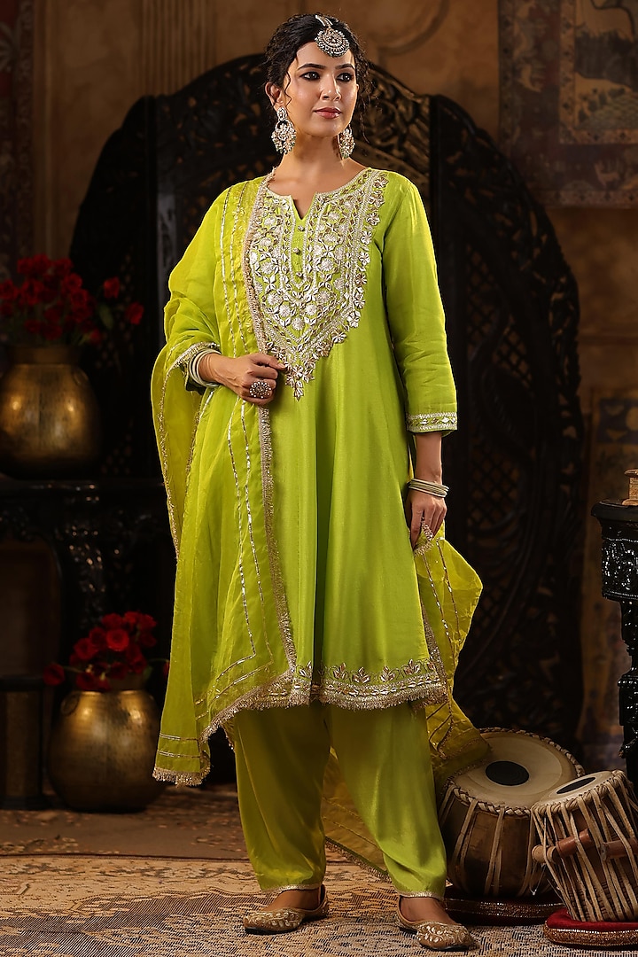 Lime Green Georgette Gota Embroidered Kalidar Anarkali Set by Scakhi at Pernia's Pop Up Shop