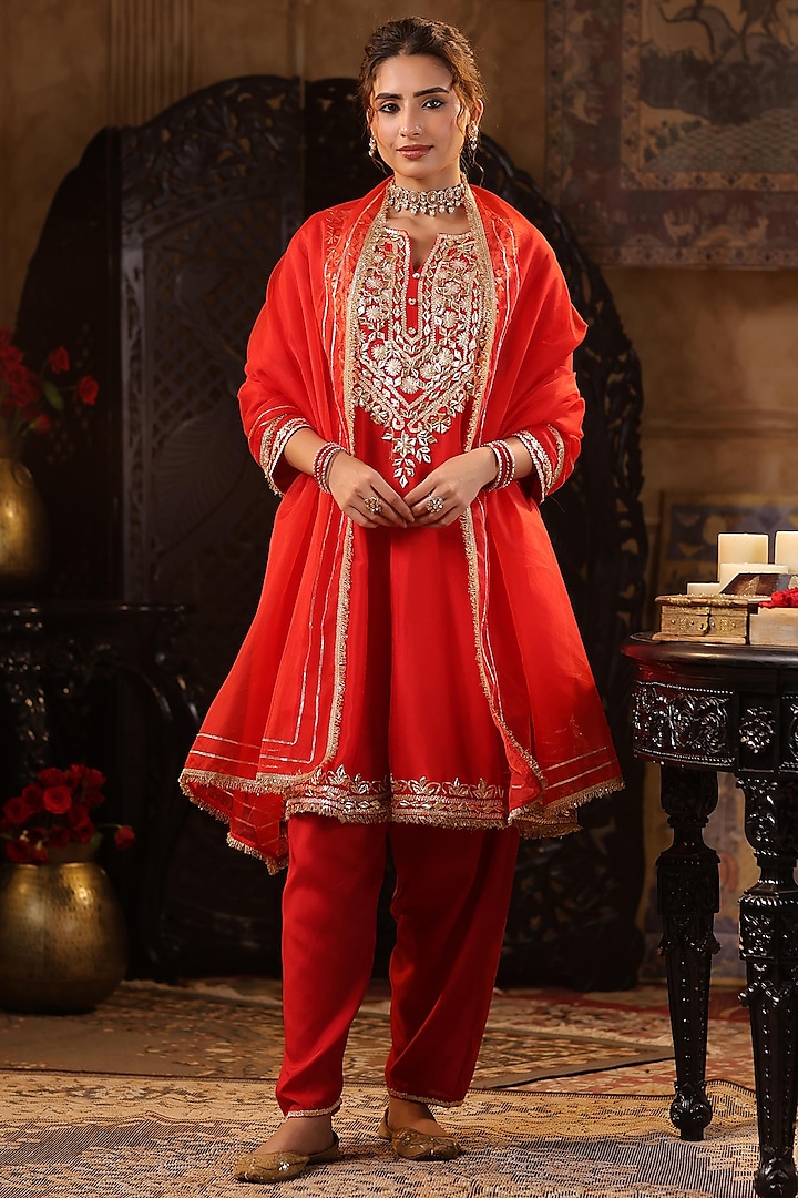 Red Georgette Gota Embroidered Kalidar Anarkali Set by Scakhi at Pernia's Pop Up Shop