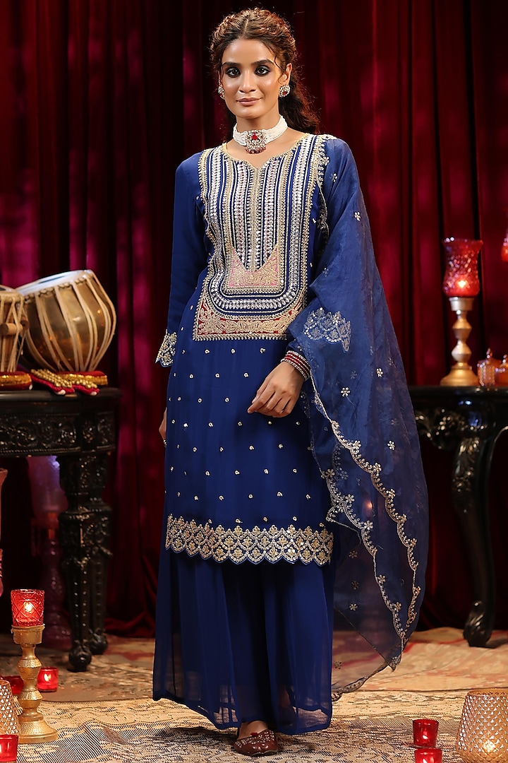 Blue Georgette Gota & Sequins Embroidered Kurta Set by Scakhi at Pernia's Pop Up Shop