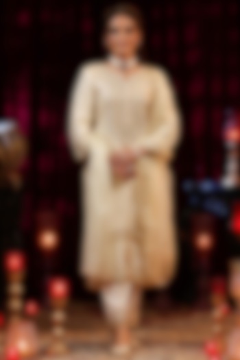 Ivory Dupion Silk Gota & Sequins Embroidered Kurta Set by Scakhi Luxe at Pernia's Pop Up Shop