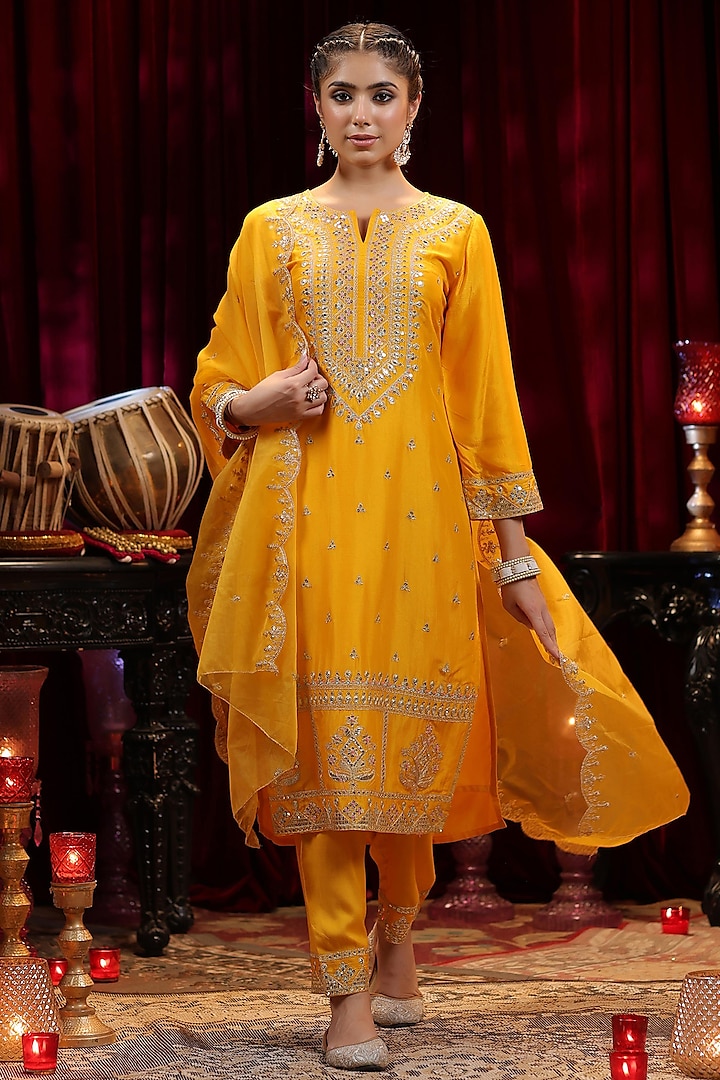 Mustard Dupion Silk Gota & Sequins Embroidered Kurta Set by Scakhi at Pernia's Pop Up Shop