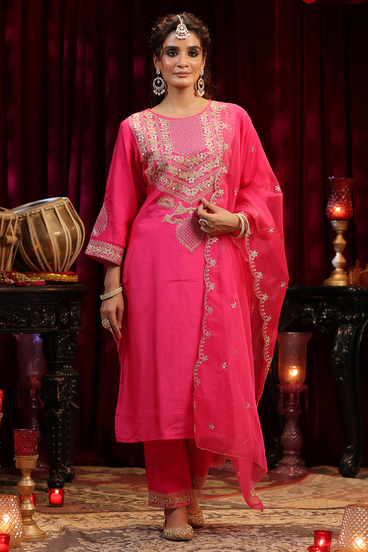 Fuchsia Pink Dupion Silk Sequins Embroidered Kurta Set by Scakhi Luxe at Pernia's Pop Up Shop