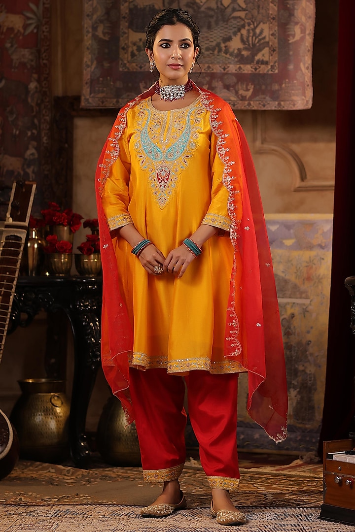 Mustard Dupion Silk Sequins & Thread Embroidered Short Anarkali Set by Scakhi at Pernia's Pop Up Shop