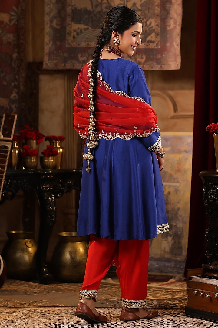 Blue Dupion Silk Sequins & Thread Embroidered Short Anarkali Set by Scakhi Luxe at Pernia's Pop Up Shop
