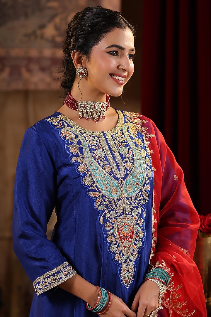 Blue Dupion Silk Sequins & Thread Embroidered Short Anarkali Set by Scakhi Luxe at Pernia's Pop Up Shop