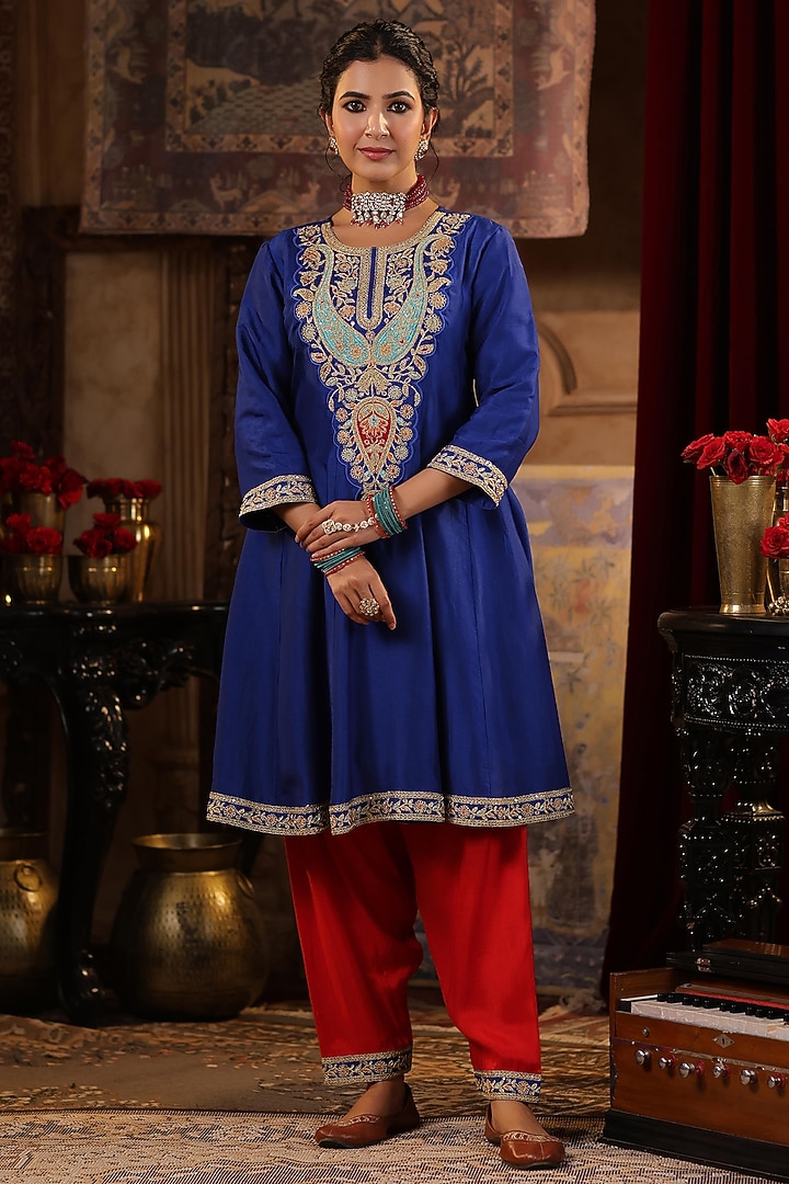 Blue Dupion Silk Sequins & Thread Embroidered Short Anarkali Set by Scakhi Luxe at Pernia's Pop Up Shop