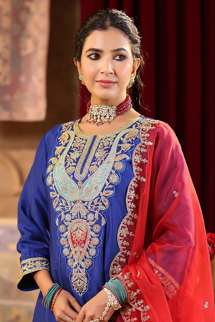 Blue Dupion Silk Sequins & Thread Embroidered Short Anarkali Set by Scakhi Luxe at Pernia's Pop Up Shop