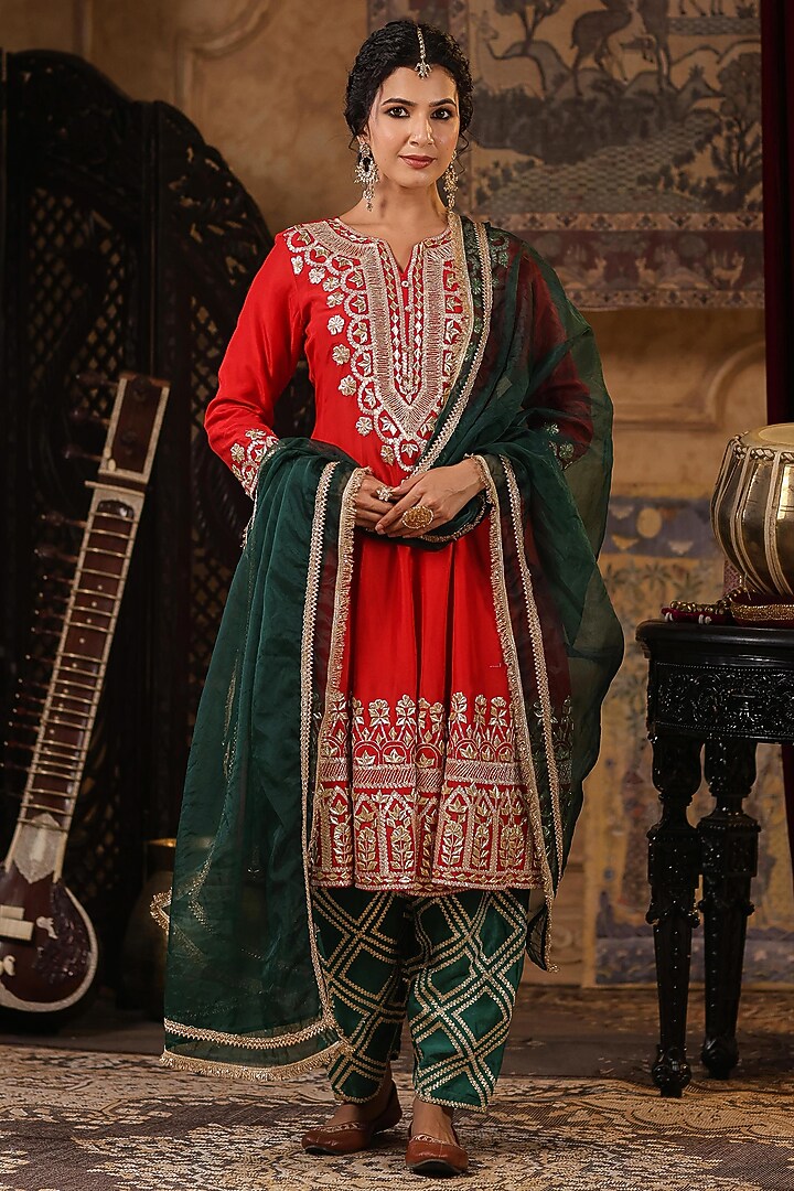 Red Dupion Silk Gota Patti Embroidered Short Party Wear Anarkali Set by Scakhi Luxe at Pernia's Pop Up Shop