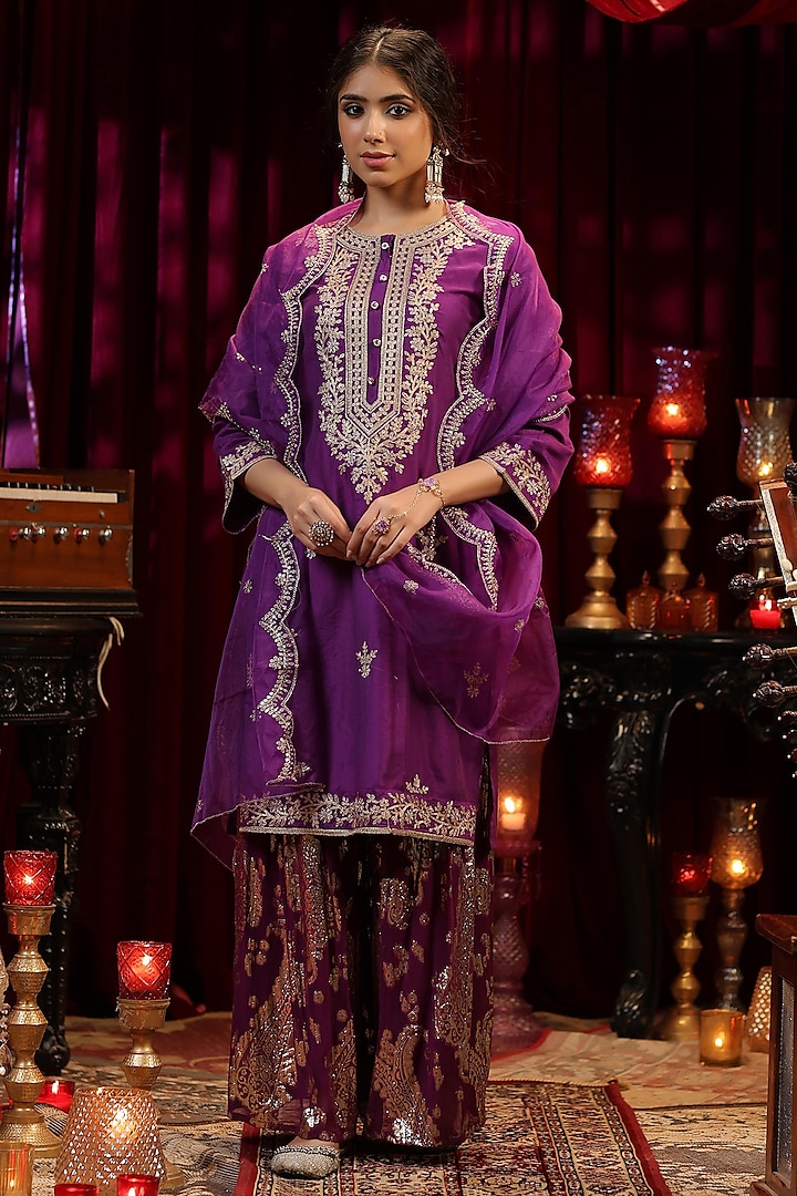 Purple Georgette Sharara Set by Scakhi Luxe at Pernia's Pop Up Shop