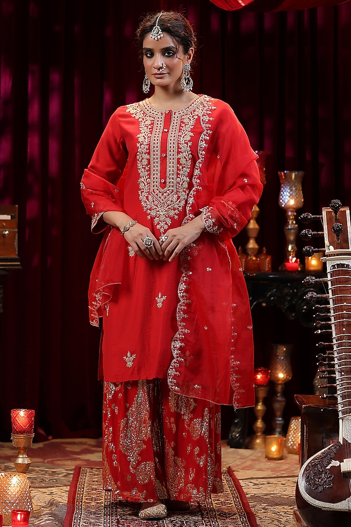 Red Georgette Sharara Set by Scakhi at Pernia's Pop Up Shop