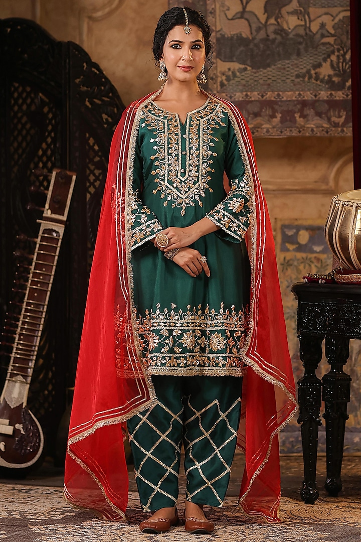 Dark Green Dupion Silk Gota Embroidered Anarkali Set by Scakhi at Pernia's Pop Up Shop