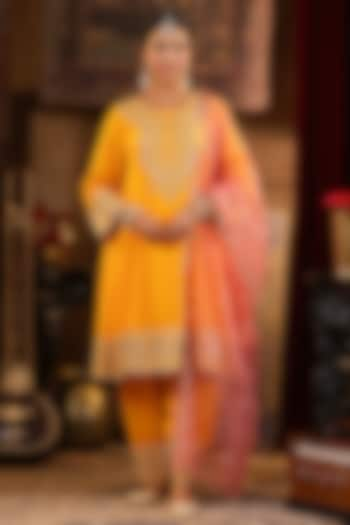 Yellow Georgette Zari & Gota Embroidered Anarkali Set by Scakhi at Pernia's Pop Up Shop