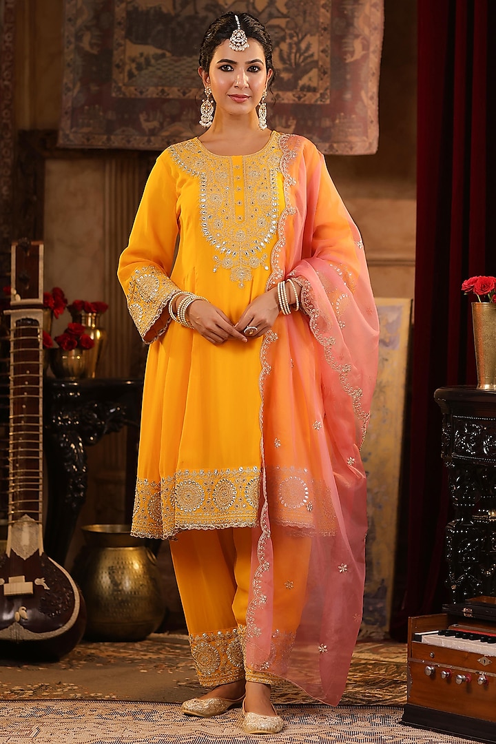 Yellow Georgette Zari & Gota Embroidered Anarkali Set by Scakhi at Pernia's Pop Up Shop