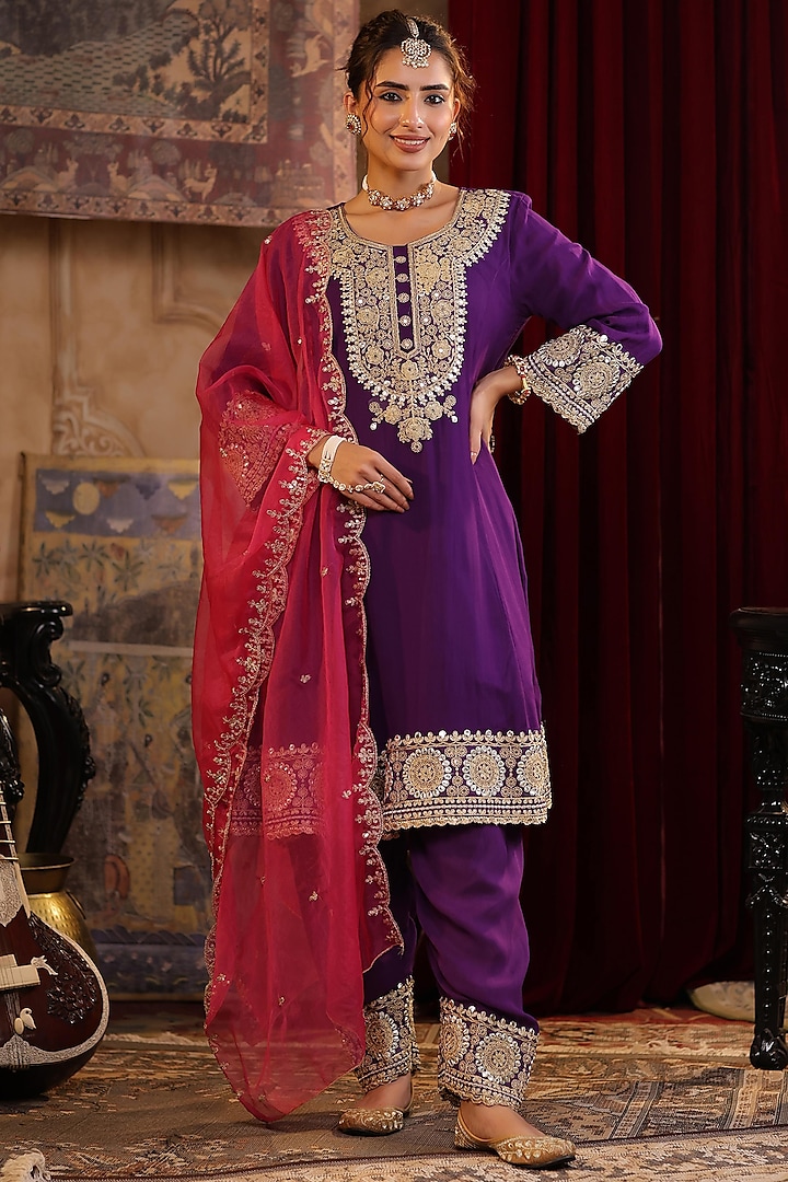 Purple Georgette Zari & Gota Embroidered Anarkali Set by Scakhi at Pernia's Pop Up Shop