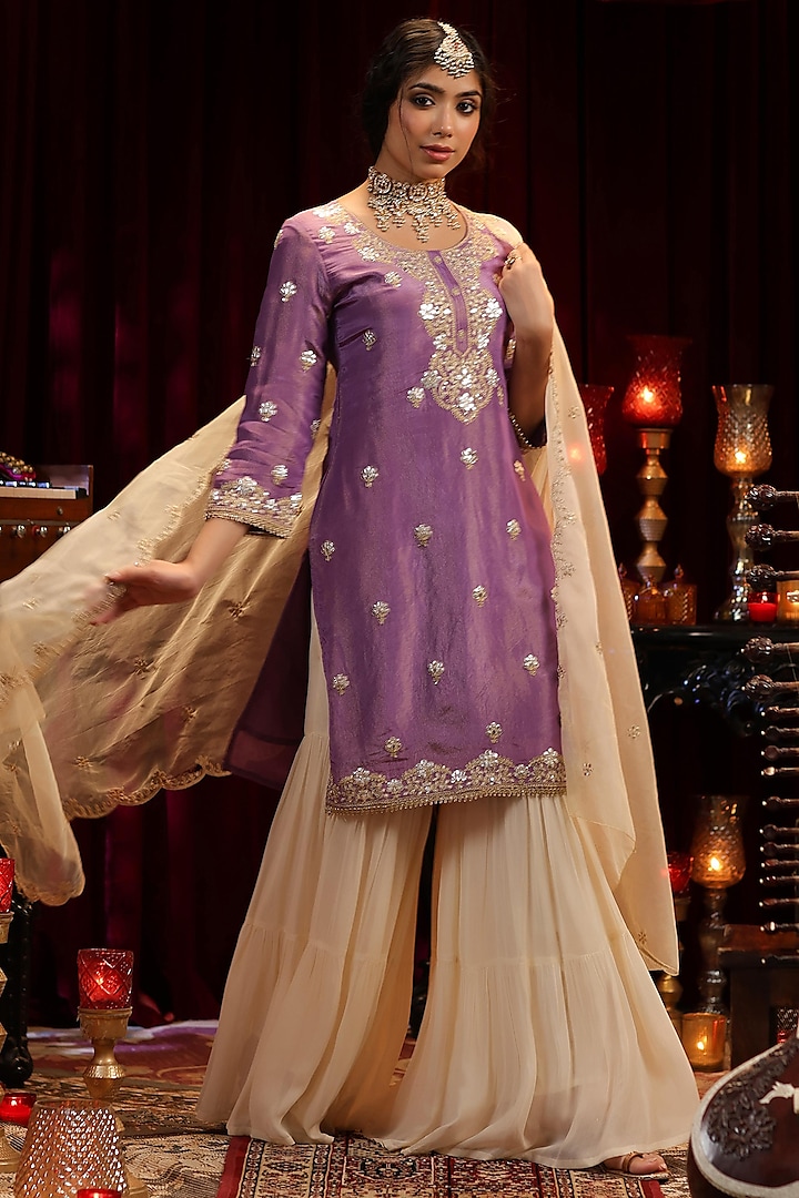 Purple Shimmer Organza Gota Embroidered Straight Kurta Set by Scakhi at Pernia's Pop Up Shop