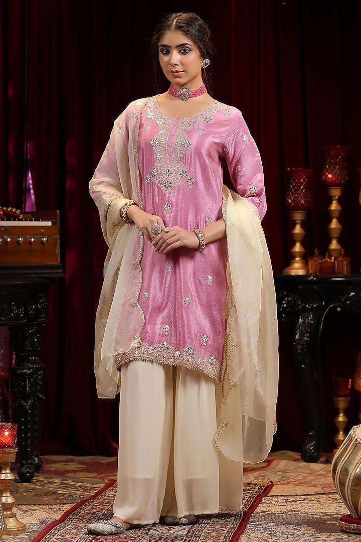 Mauve Shimmer Organza Gota Embroidered Straight Kurta Set by Scakhi at Pernia's Pop Up Shop