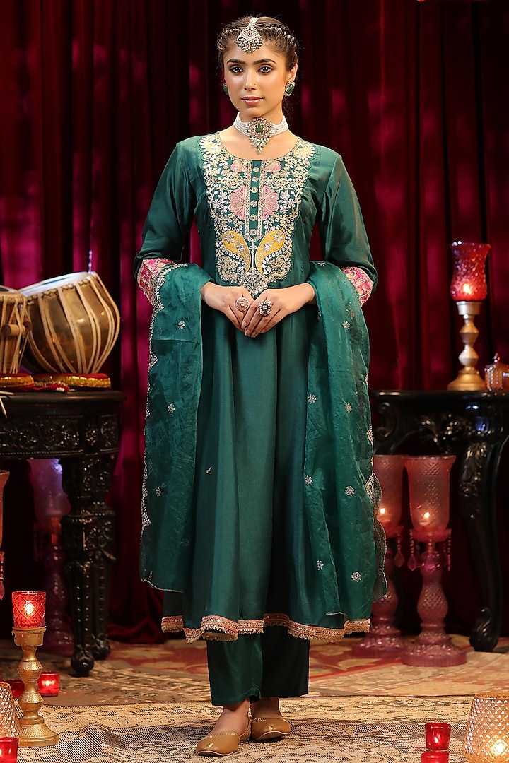 Dark Green Dupion Silk Gota Embroidered Anarkali Set by Scakhi Luxe at Pernia's Pop Up Shop