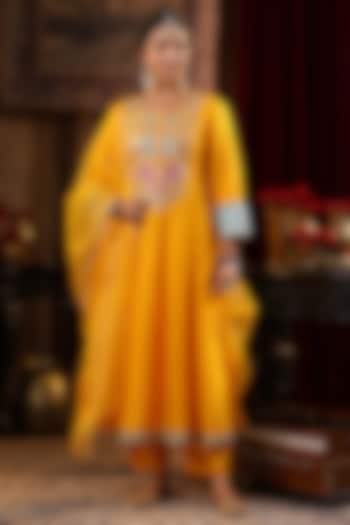 Yellow Dupion Silk Gota Embroidered Anarkali Set by Scakhi Luxe at Pernia's Pop Up Shop