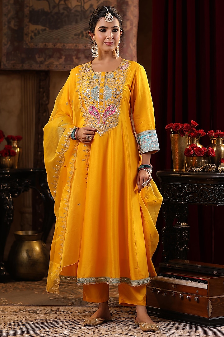 Yellow Dupion Silk Gota Embroidered Anarkali Set by Scakhi at Pernia's Pop Up Shop