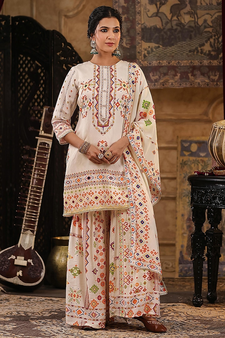 Ivory Chanderi Silk Patola Printed Sharara Set by Scakhi at Pernia's Pop Up Shop