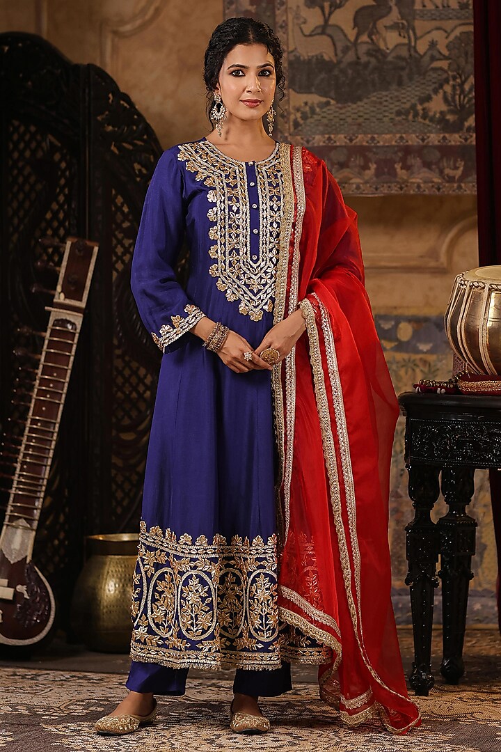 Navy Blue Dupion Silk Gota Embroidered Anarkali Set by Scakhi at Pernia's Pop Up Shop