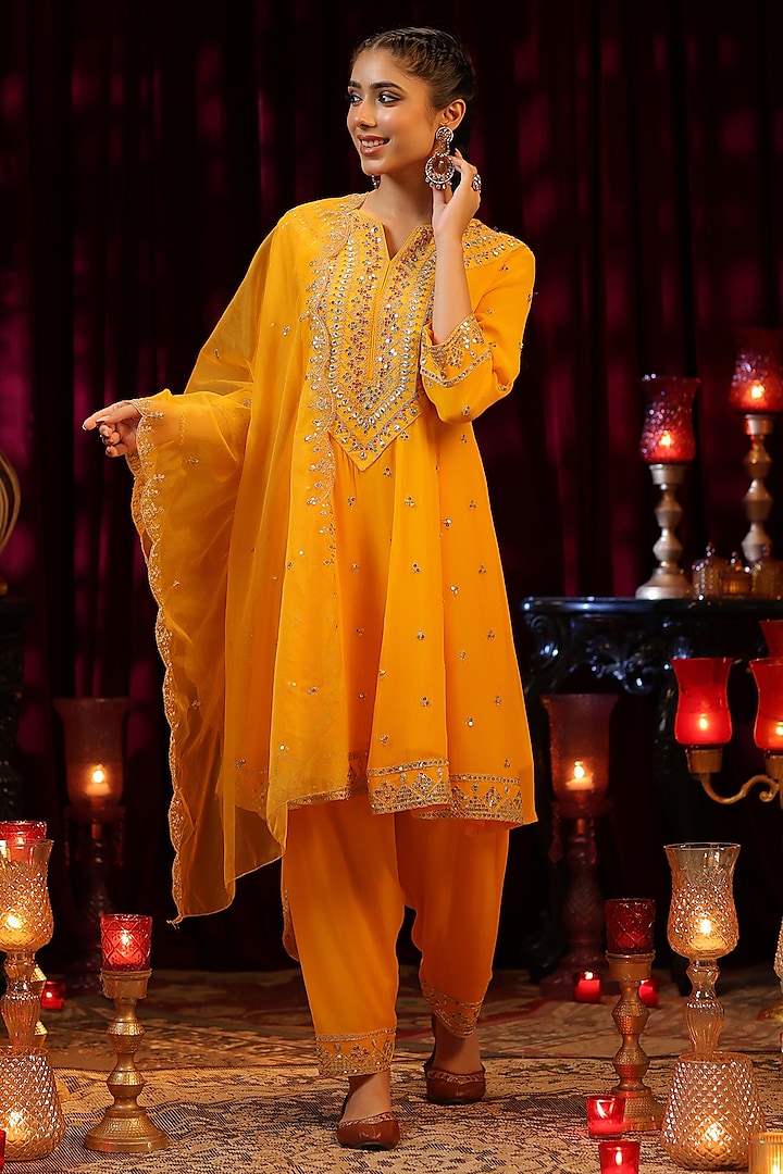 Yellow Georgette Gota Embroidered Anarkali Set by Scakhi at Pernia's Pop Up Shop