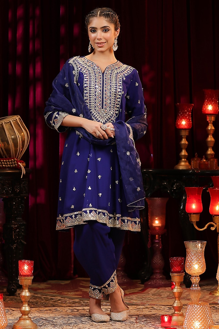 Navy Blue Georgette Gota Embroidered Anarkali Set by Scakhi at Pernia's Pop Up Shop