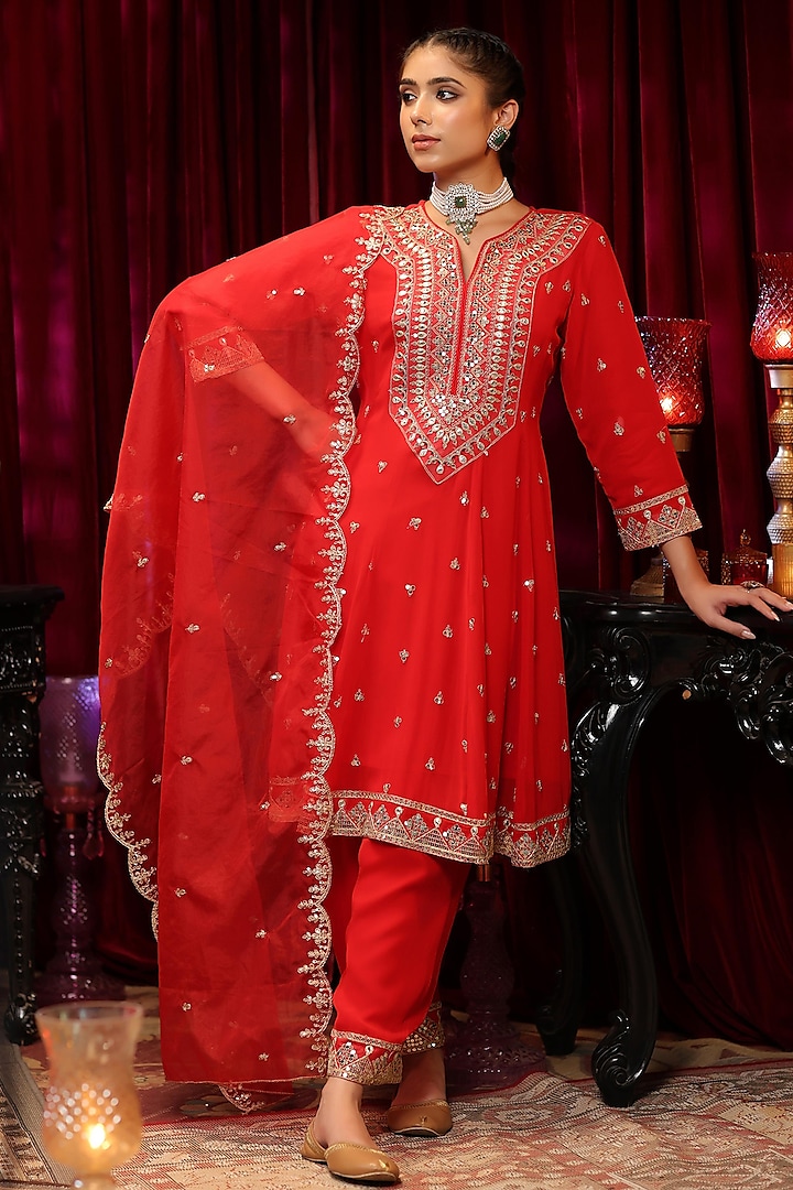 Red Georgette Gota Embroidered Anarkali Set by Scakhi at Pernia's Pop Up Shop