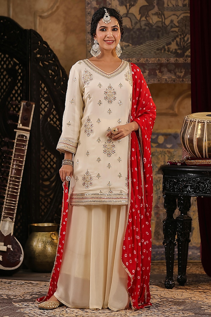 Ivory Georgette Gota Embroidered Kurta Set by Scakhi at Pernia's Pop Up Shop