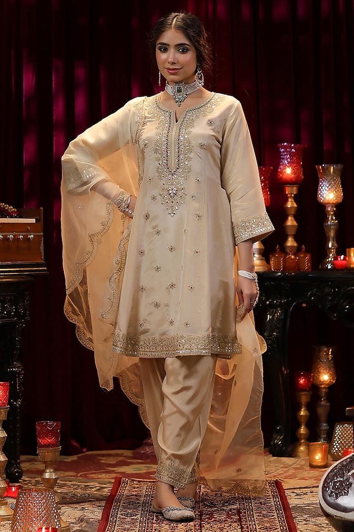 Beige Shimmer Organza Gota Embroidered Anarkali Set by Scakhi at Pernia's Pop Up Shop